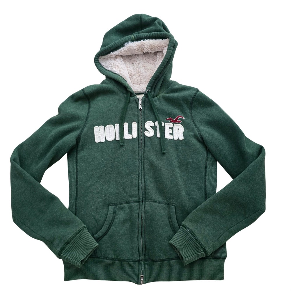 Hollister Sherpa Lined Hoodie Womems Large Full Zip Dark Green Sweatshirt